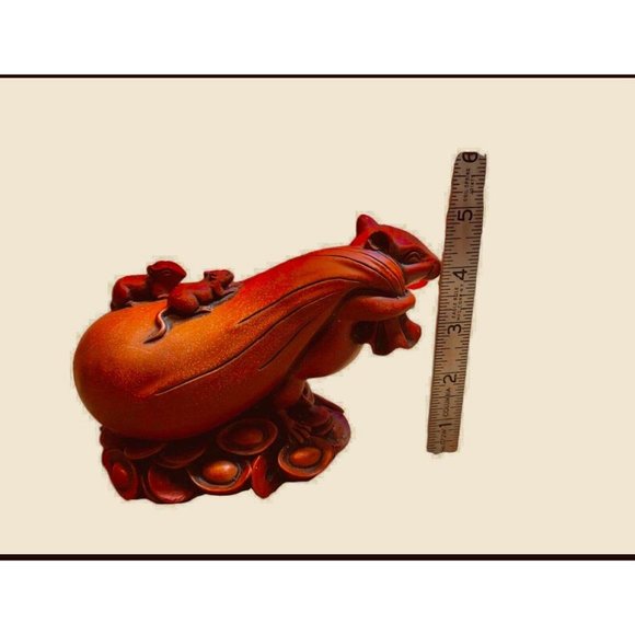 Chinese Wood Feng Shui Zodiac Coin Wealth Rat Mouse Statue Figurine - Picture 5 of 6